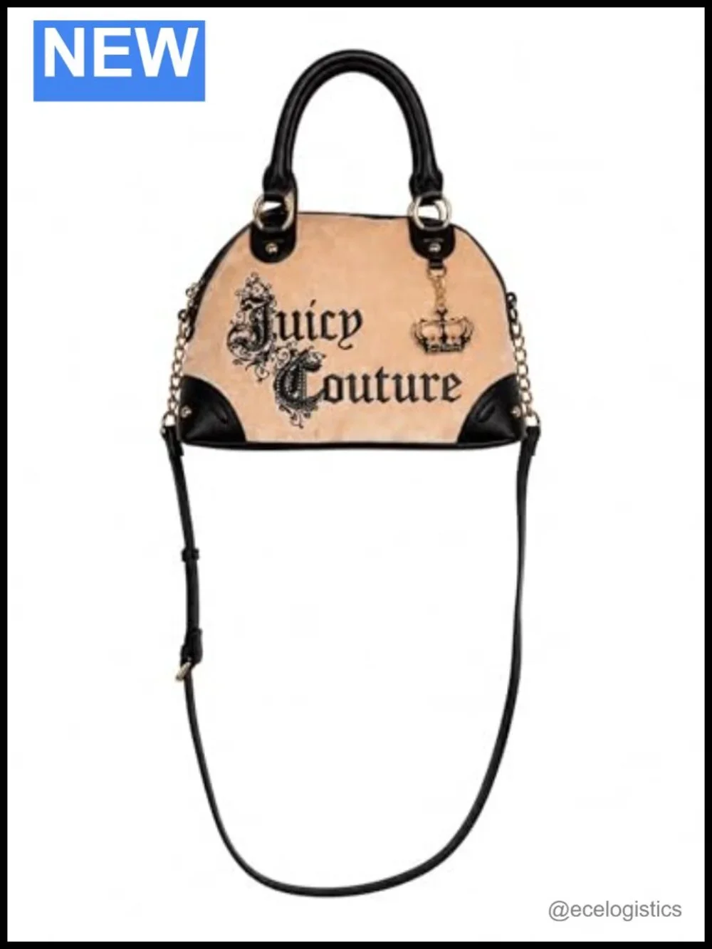 Velour Crossbody Satchel with Crown Charm - Faux Leather Trim